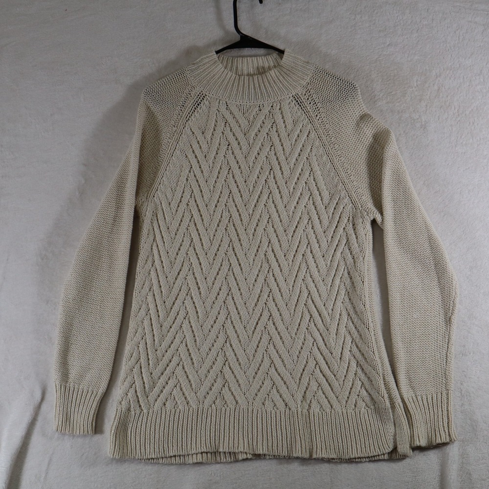 Vintage 90's Chaps Women's M Cream Knit Sweater Textured Chevron Front Pullover